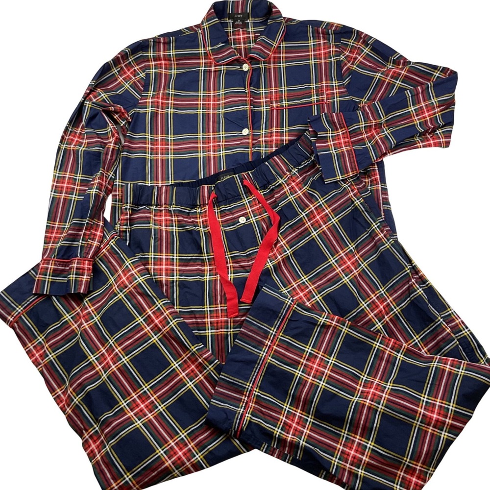 J Crew Pajama Set Pants & Shirt Women Sz M Cotton Poplin Stewart Tartan Navy